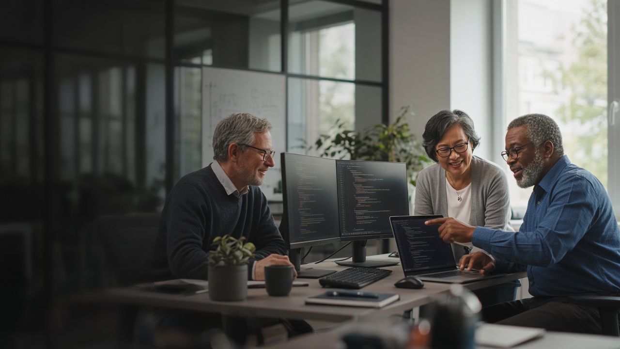 Senior engineers collaborating in a welcoming modern office