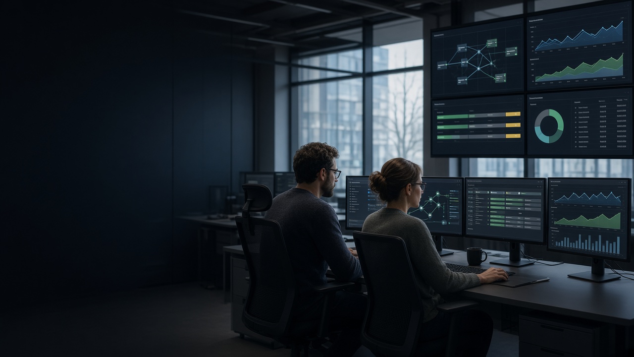 Platform engineers reviewing infrastructure and observability dashboards