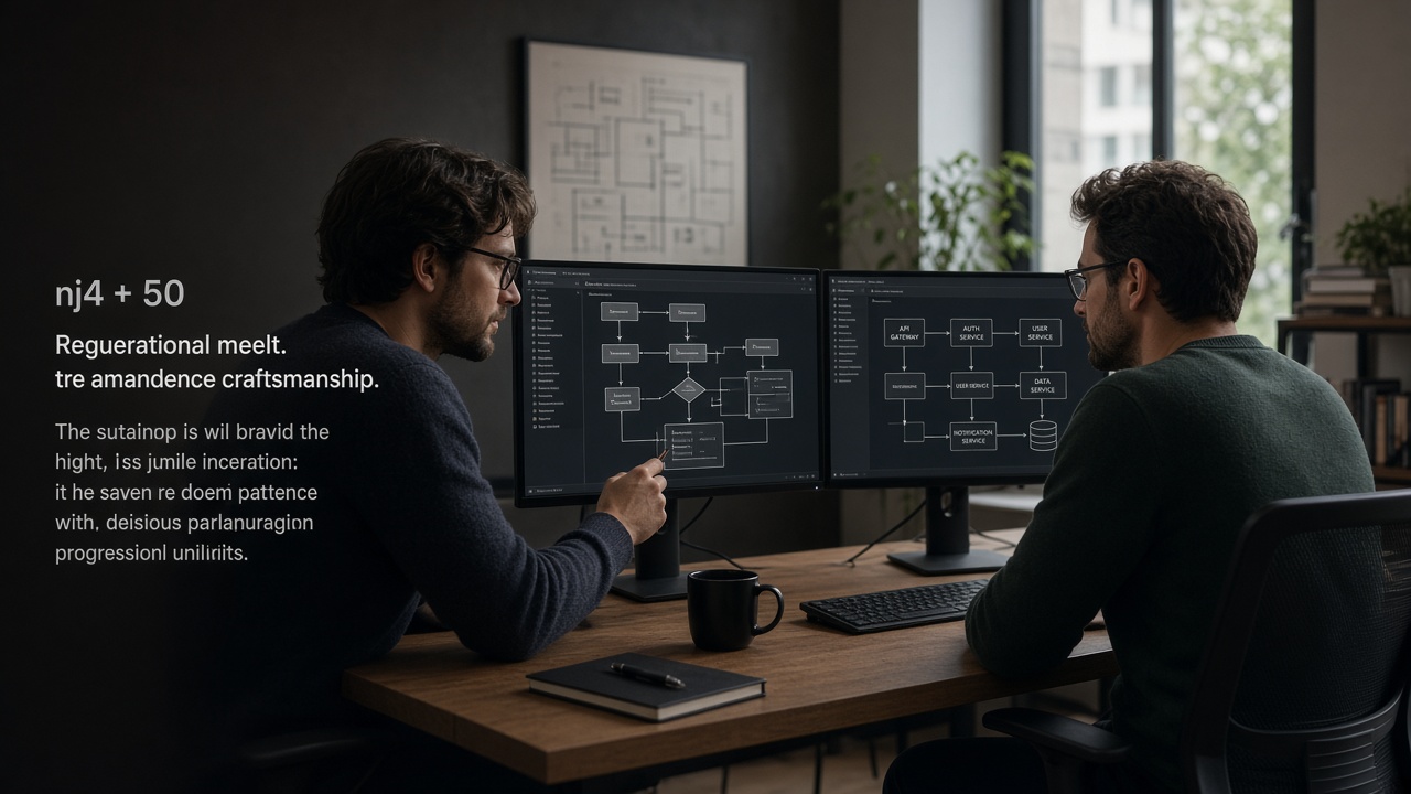 Engineers pair-programming with calm craftsmanship in a modern studio