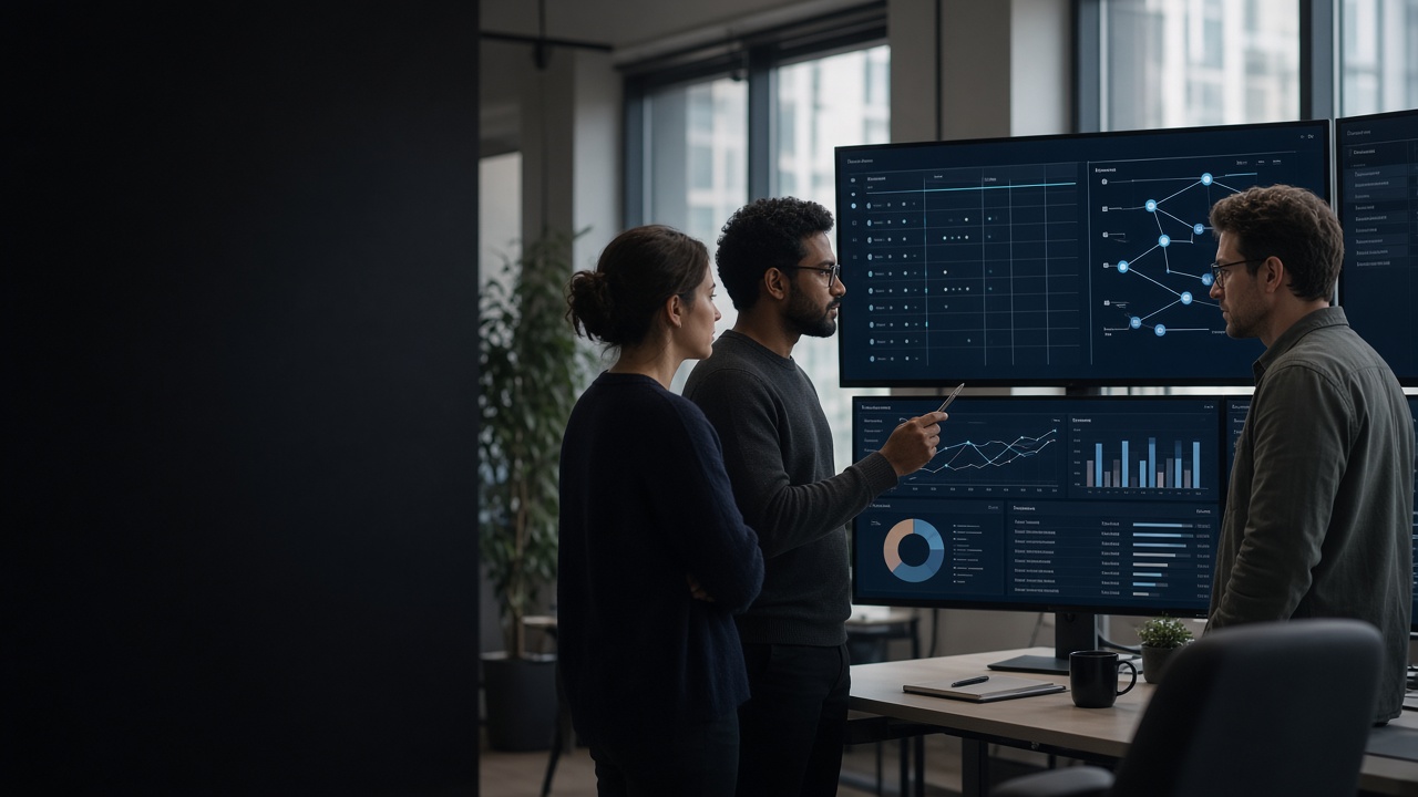 Finance engineers reviewing ledger and transaction platforms