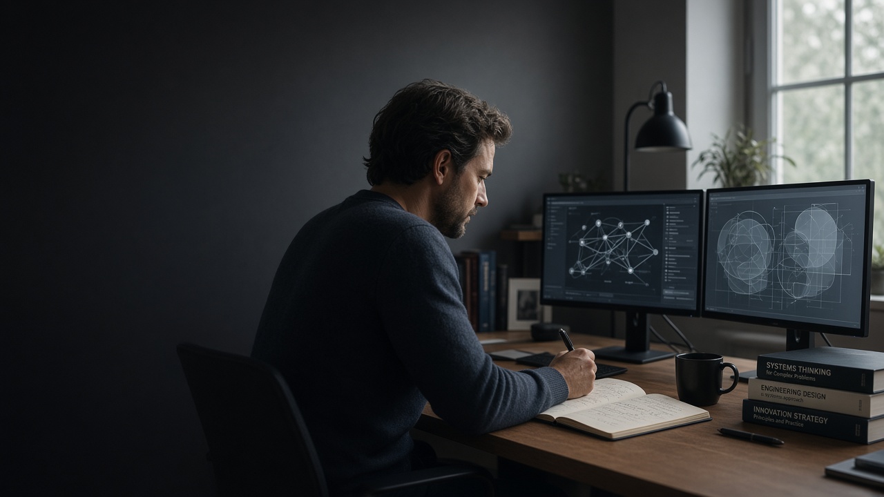 Engineer writing technical insights beside architecture diagrams