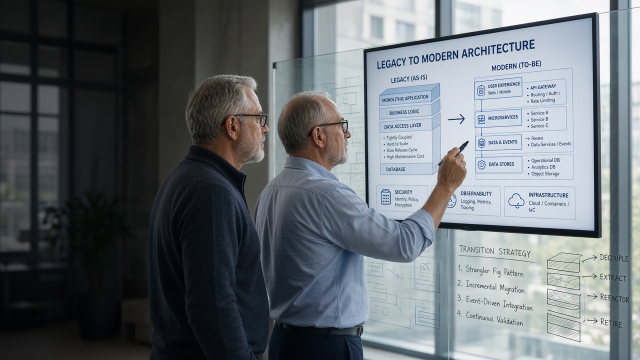 Engineers reviewing modernization architecture in a modern office