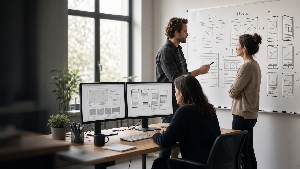 Product engineers designing multi-surface digital platforms in a modern office