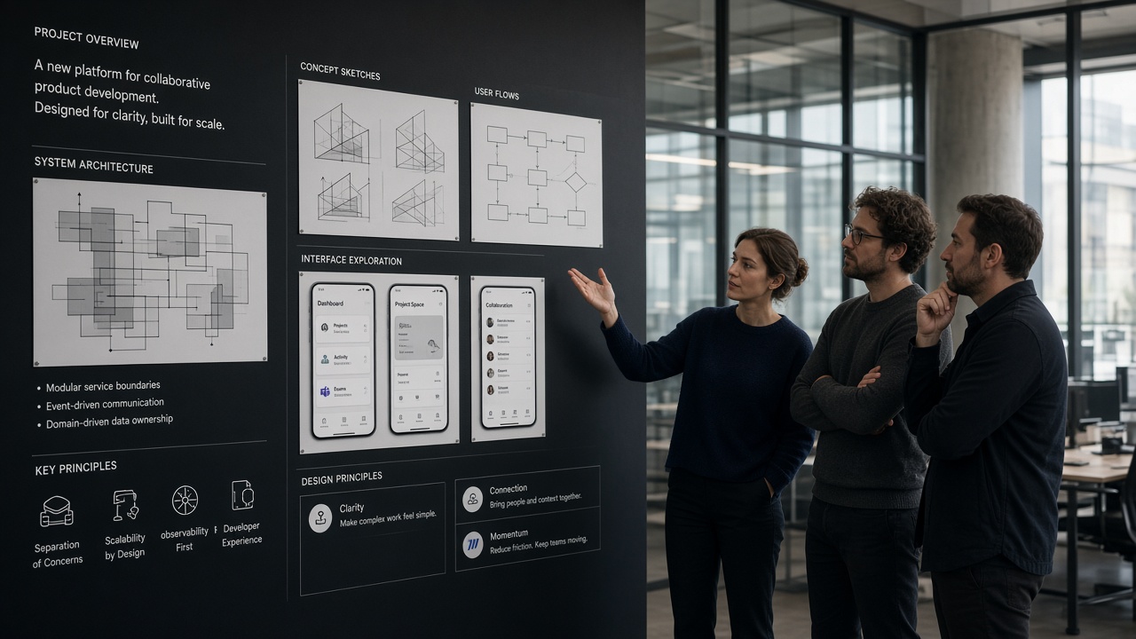 Engineers presenting architecture case studies in a modern office